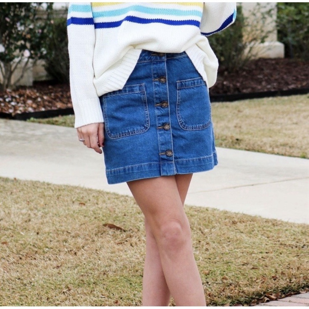 Free People 29 Dont Get Me Wrong Denim Mini Skirt Button Front Blue Y2k Cottage